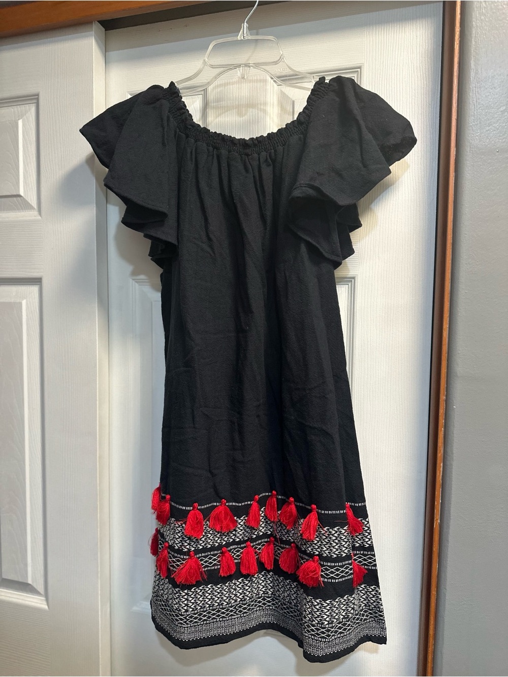 Piper Black Strapless Dress with Red Tassel Trim